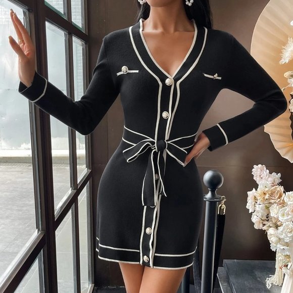 Black Preppy Womens Contrast Piping Belted Sweater Dress - Picture 4 of 5